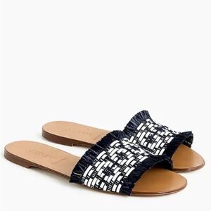 J. Crew Navy and White Raffia Slide Sandals Size 8 Made in Italy Vacation Boho